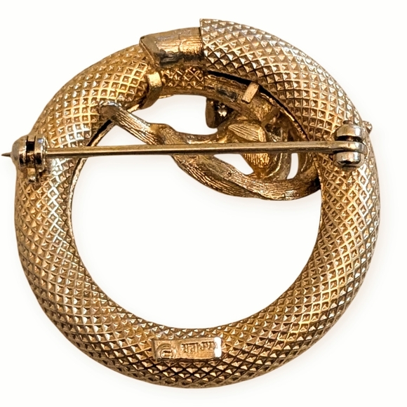 Vintage Napier 50s gold tone circle pin turquoise rhinestone crystal collectible - Picture 6 of 13